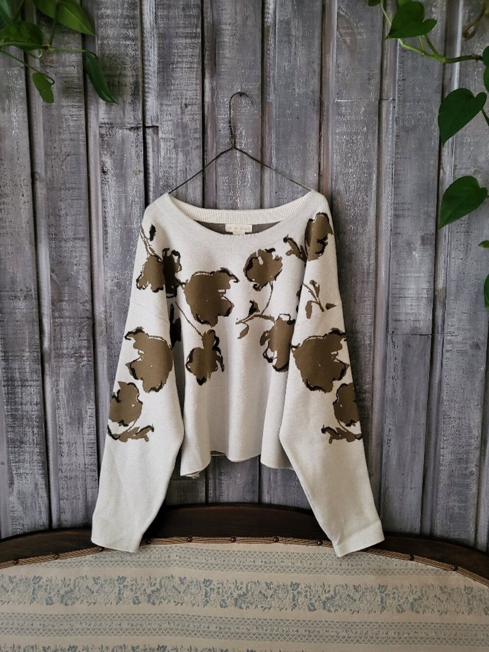 Cynthia Rowley Olive Green Floral Knit Sweater Cream Drop Shoulder Pullover L